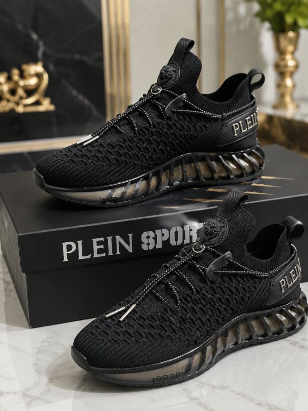 Plein Sport Runner Black Knit Sneakers US 10 EU 45 Designer Logo Shoes